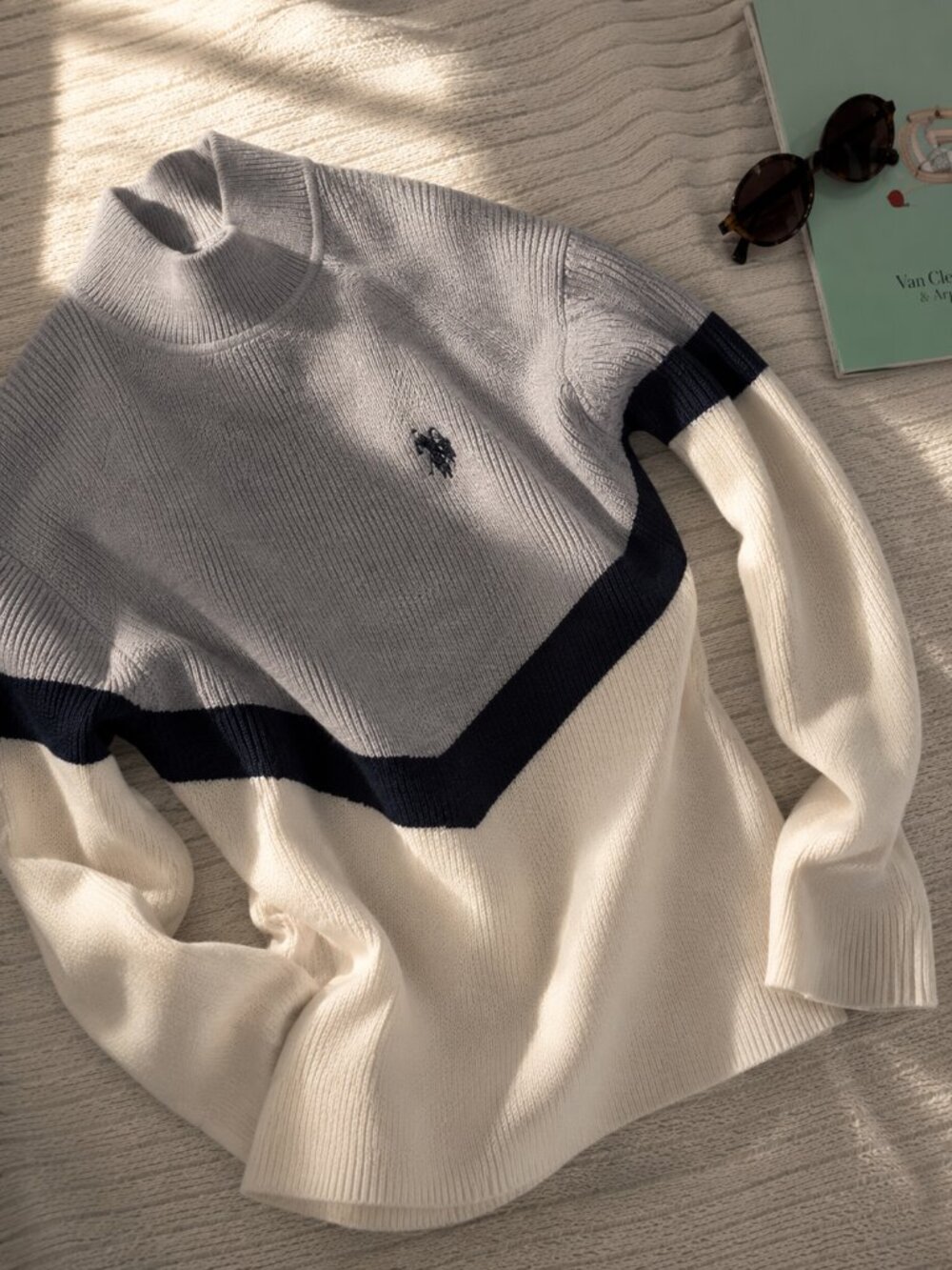 U.S. Polo Assn Mock Neck Sweater Colorblock Ivory Gray Navy Minimalist Preppy XS